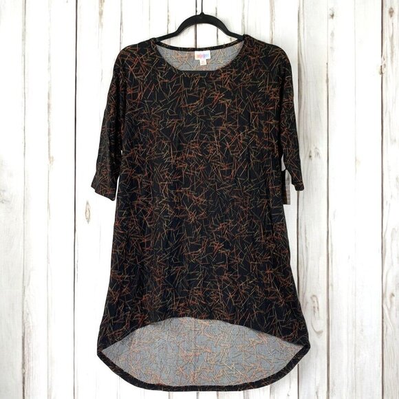 Lularoe Irma Half Sleeve Tunic High Low Polyester Blend Sz XS Black Orange Gold - Picture 1 of 7